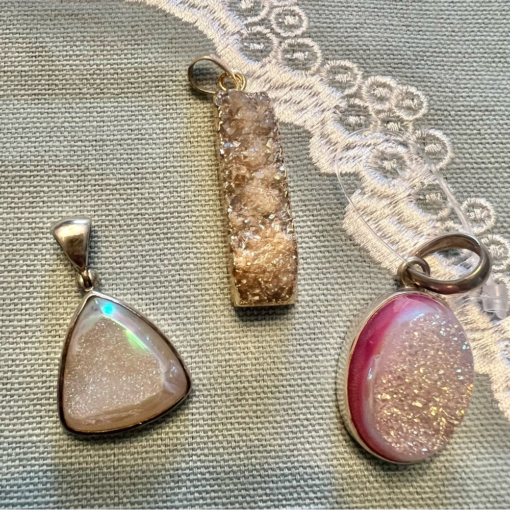 Total of 3 Druzy Pendants. Iridescent white, Gold, and Pink.